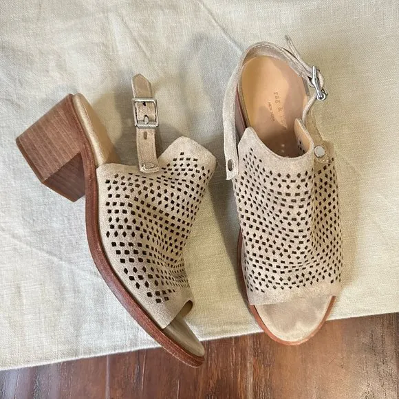RAG &amp; BONE Suede Slingback Heeled Sandals Eyelets Taupe