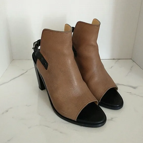 Rag &amp; Bone Wyatt Peep-Toe Genuine Leather Slingback Sandals Taupe/Black 39.5 EU