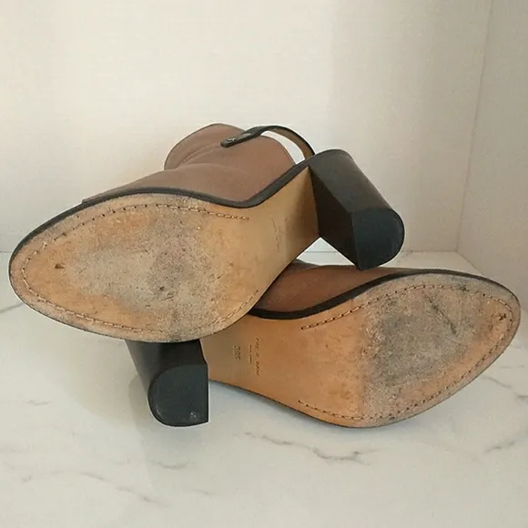 Rag &amp; Bone Wyatt Peep-Toe Genuine Leather Slingback Sandals Taupe/Black 39.5 EU