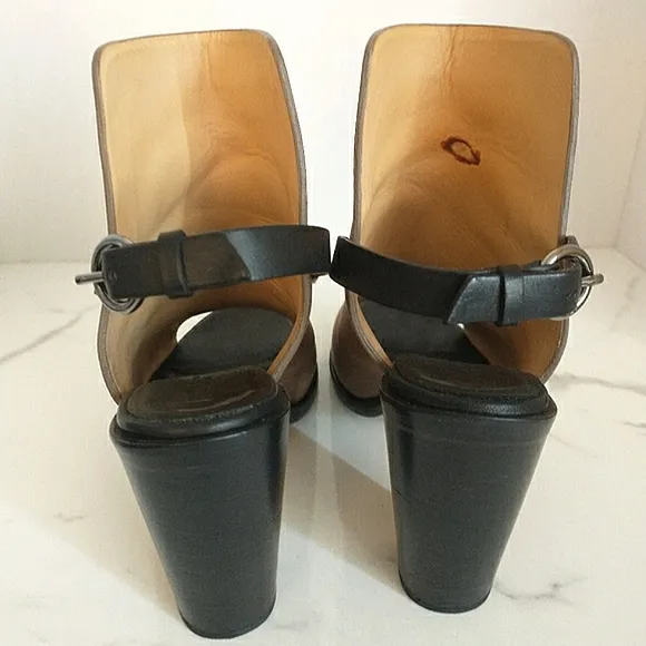 Rag &amp; Bone Wyatt Peep-Toe Genuine Leather Slingback Sandals Taupe/Black 39.5 EU