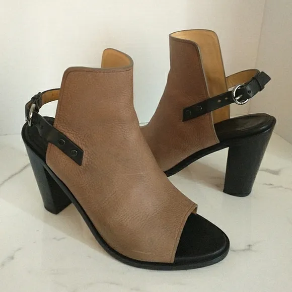 Rag &amp; Bone Wyatt Peep-Toe Genuine Leather Slingback Sandals Taupe/Black 39.5 EU