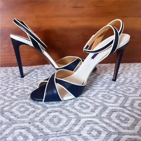 RALPH LAUREN PURPLE LABEL Navy &amp; White Leather Ankle Strap Heeled Sandals Sz 9.5