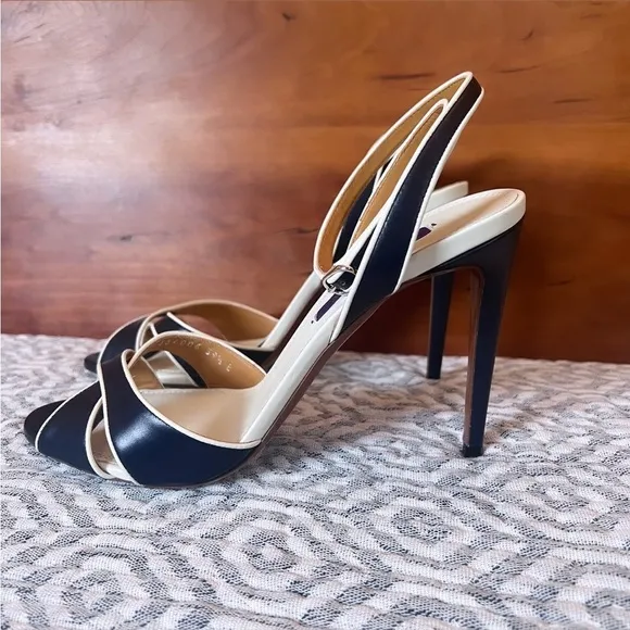 RALPH LAUREN PURPLE LABEL Navy &amp; White Leather Ankle Strap Heeled Sandals Sz 9.5