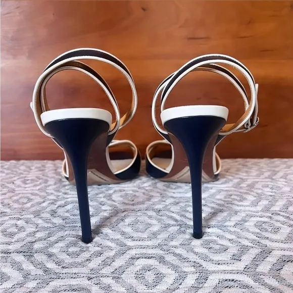 RALPH LAUREN PURPLE LABEL Navy &amp; White Leather Ankle Strap Heeled Sandals Sz 9.5