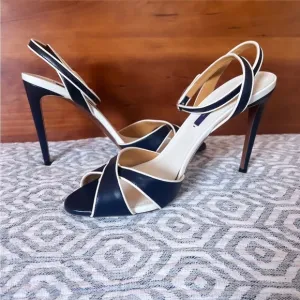 RALPH LAUREN PURPLE LABEL Navy &amp; White Leather Ankle Strap Heeled Sandals Sz 9.5