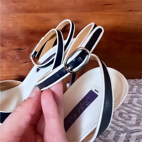 RALPH LAUREN PURPLE LABEL Navy &amp; White Leather Ankle Strap Heeled Sandals Sz 9.5