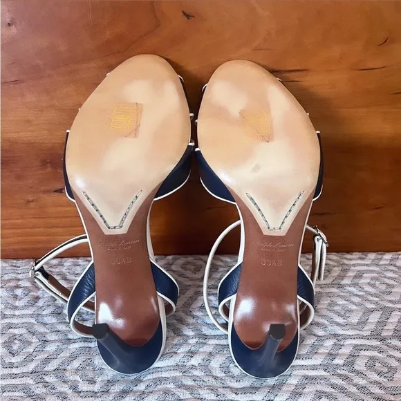 RALPH LAUREN PURPLE LABEL Navy &amp; White Leather Ankle Strap Heeled Sandals Sz 9.5