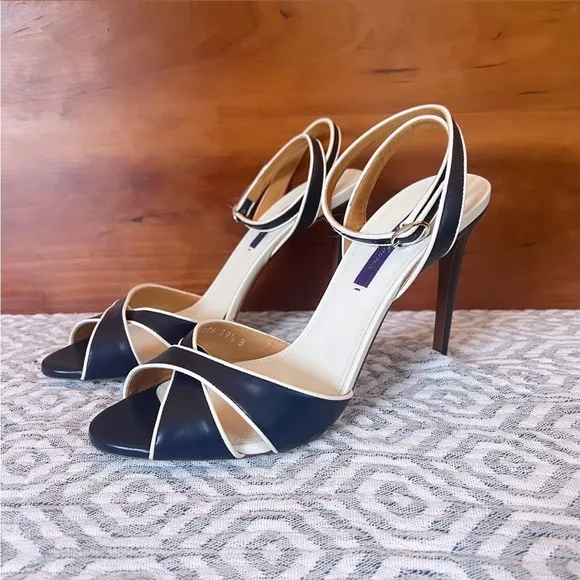RALPH LAUREN PURPLE LABEL Navy &amp; White Leather Ankle Strap Heeled Sandals Sz 9.5