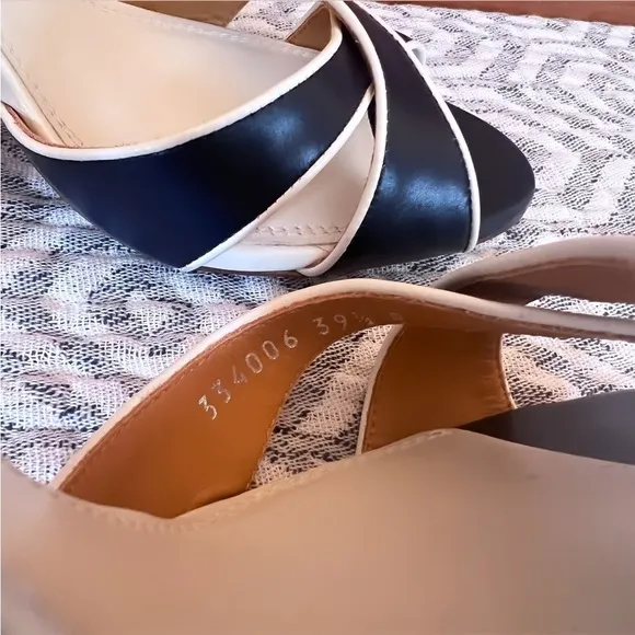 RALPH LAUREN PURPLE LABEL Navy &amp; White Leather Ankle Strap Heeled Sandals Sz 9.5