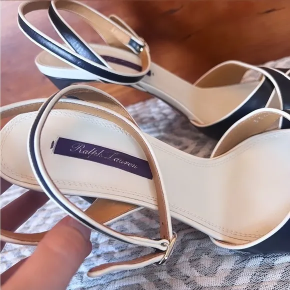 RALPH LAUREN PURPLE LABEL Navy &amp; White Leather Ankle Strap Heeled Sandals Sz 9.5