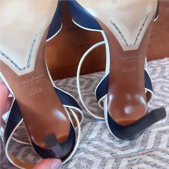 RALPH LAUREN PURPLE LABEL Navy &amp; White Leather Ankle Strap Heeled Sandals Sz 9.5