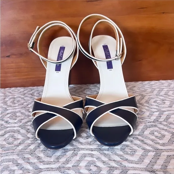 RALPH LAUREN PURPLE LABEL Navy &amp; White Leather Ankle Strap Heeled Sandals Sz 9.5