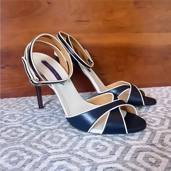 RALPH LAUREN PURPLE LABEL Navy &amp; White Leather Ankle Strap Heeled Sandals Sz 9.5