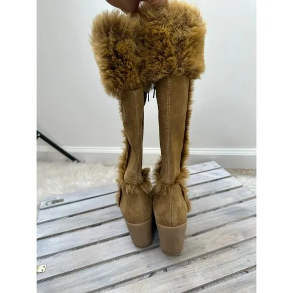 Rare Vintage Y2K Steve Madden Aspenn Leather Suede Brown Fur Chunky Boots, 8.5