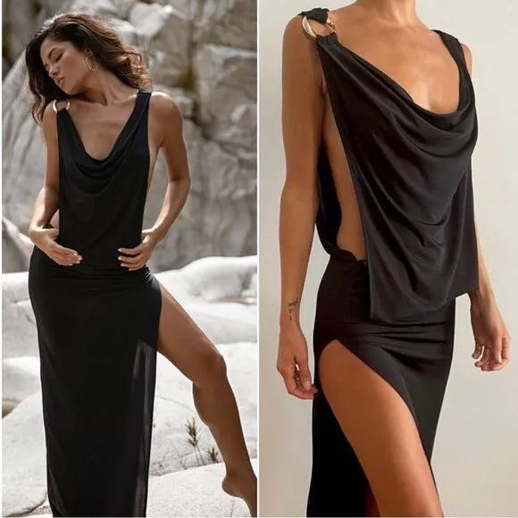 Rat &amp; Boa Josefa Cowl Neck Open Sides Black Maxi Dress Size XL