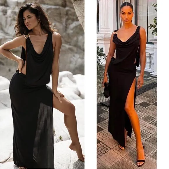Rat &amp; Boa Josefa Cowl Neck Open Sides Black Maxi Dress Size XL