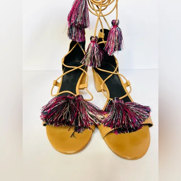 Rebecca Minkoff Camel Isla Tassel Gladiator Lace up Block Heels Sandals - 8M