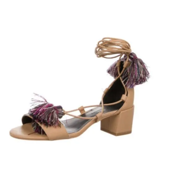Rebecca Minkoff Camel Isla Tassel Gladiator Lace up Block Heels Sandals - 8M