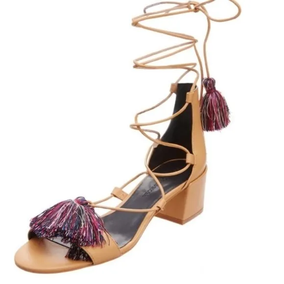 Rebecca Minkoff Camel Isla Tassel Gladiator Lace up Block Heels Sandals - 8M
