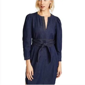 Rebecca Taylor / la vie dark wash Denim Belted Mini puff sleeve Dress Small S