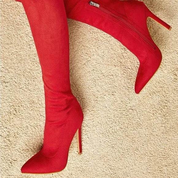 Red Solid Color Stretch Fabric Over-the-knee Boots With Side Zipper