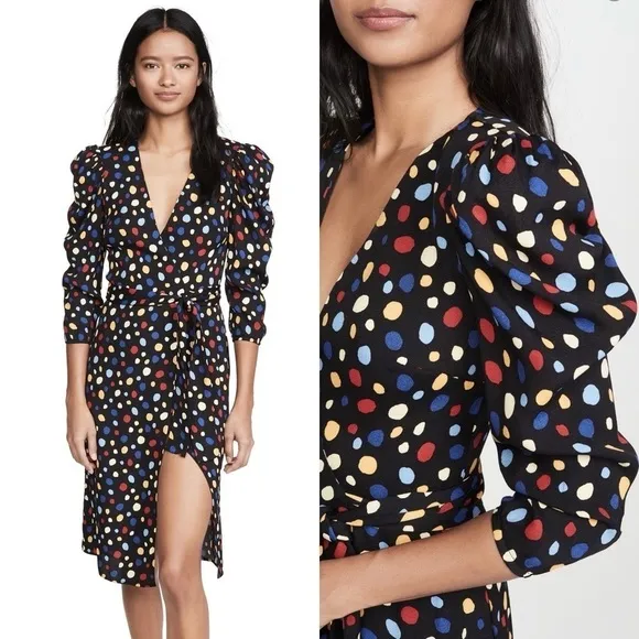 Reformation Black Polka Dots Fiesta Shoulder Pads Wrap Jaylee Dress Size Small