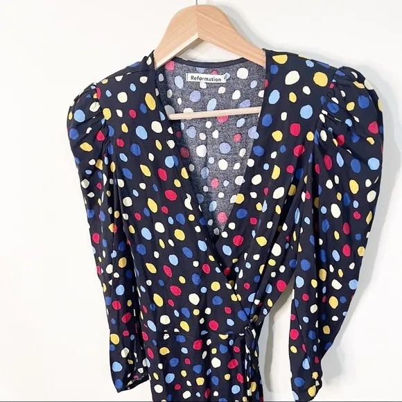 Reformation Black Polka Dots Fiesta Shoulder Pads Wrap Jaylee Dress Size Small