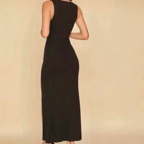 Reformation Bliss Ribbed Knit Maxi Dress Black Scoop Neck Stretchy Bodycon