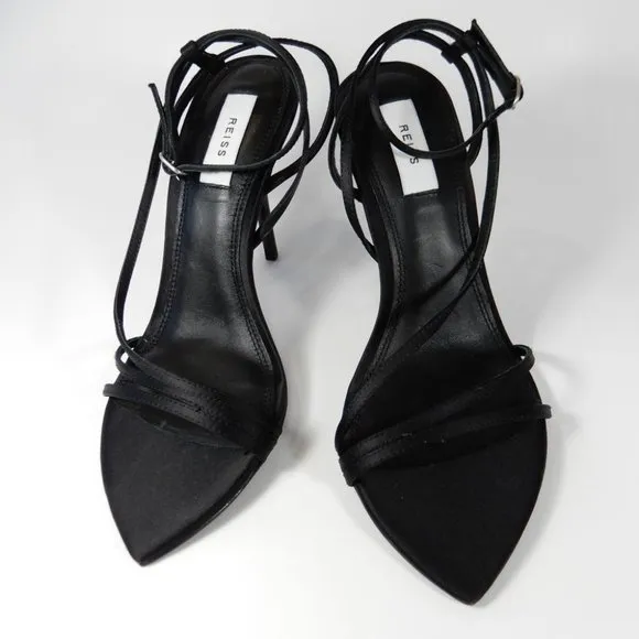 REISS Adela Satin Strappy Heels SANDALS Size 38 7 Ankle Strap Black NEW
