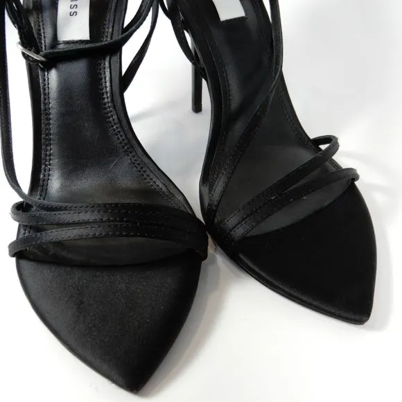 REISS Adela Satin Strappy Heels SANDALS Size 38 7 Ankle Strap Black NEW