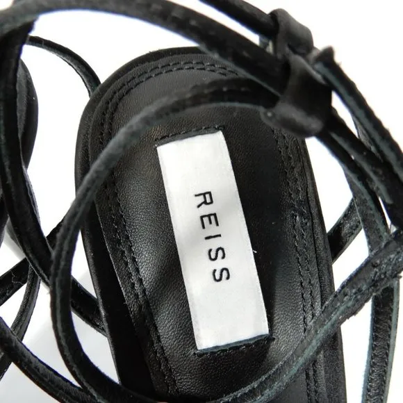 REISS Adela Satin Strappy Heels SANDALS Size 38 7 Ankle Strap Black NEW