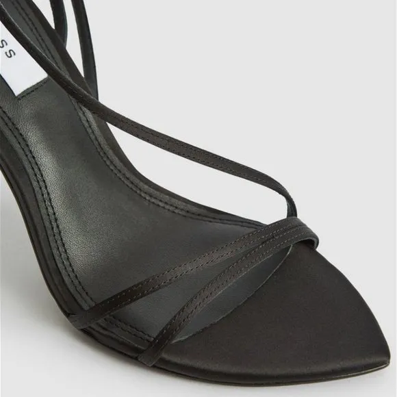 REISS Adela Satin Strappy Heels SANDALS Size 38 7 Ankle Strap Black NEW