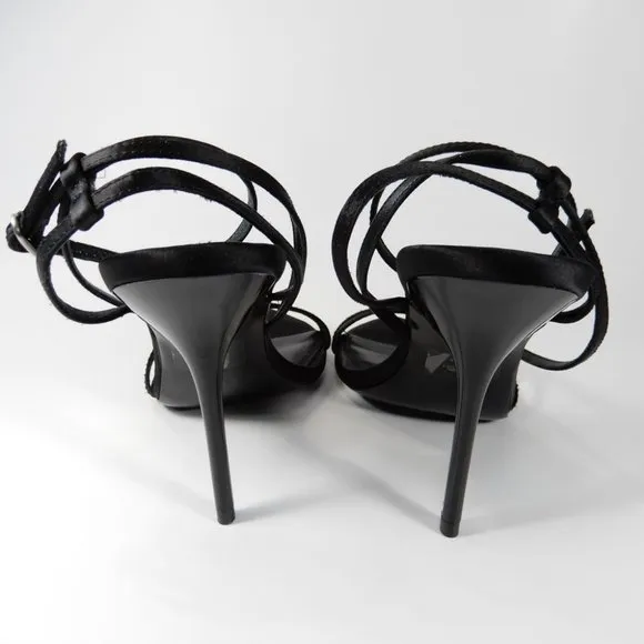 REISS Adela Satin Strappy Heels SANDALS Size 38 7 Ankle Strap Black NEW