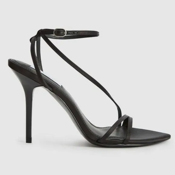 REISS Adela Satin Strappy Heels SANDALS Size 38 7 Ankle Strap Black NEW