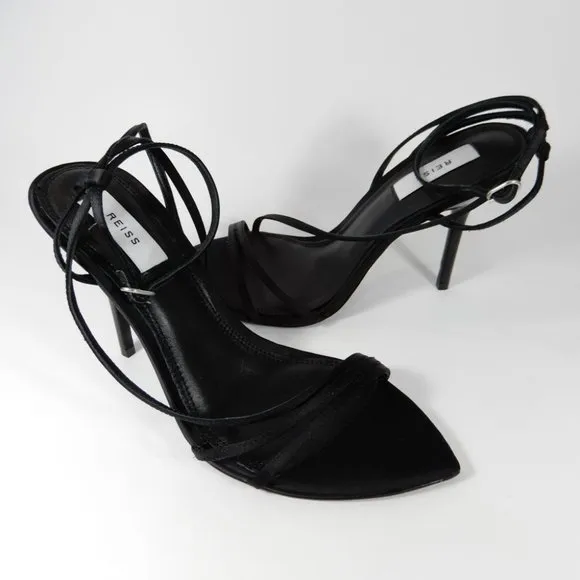 REISS Adela Satin Strappy Heels SANDALS Size 38 7 Ankle Strap Black NEW