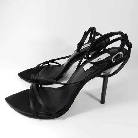 REISS Adela Satin Strappy Heels SANDALS Size 38 7 Ankle Strap Black NEW