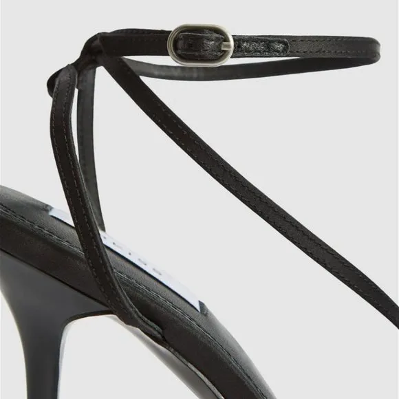 REISS Adela Satin Strappy Heels SANDALS Size 38 7 Ankle Strap Black NEW
