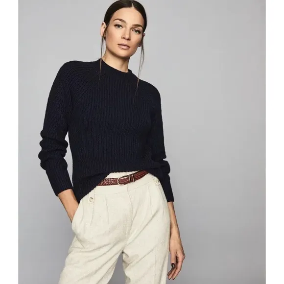 Reiss Aisling Chunky Knit Ribbed Jumper Sweater Wool Navy Sz Medium
