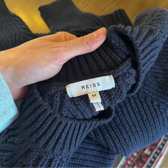 Reiss Aisling Chunky Knit Ribbed Jumper Sweater Wool Navy Sz Medium