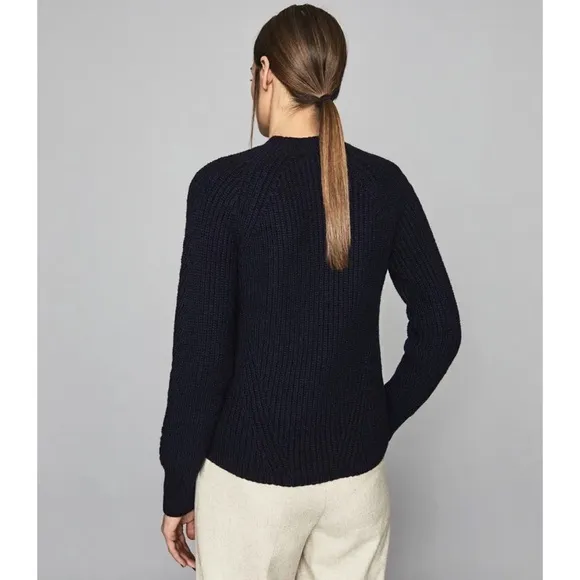 Reiss Aisling Chunky Knit Ribbed Jumper Sweater Wool Navy Sz Medium
