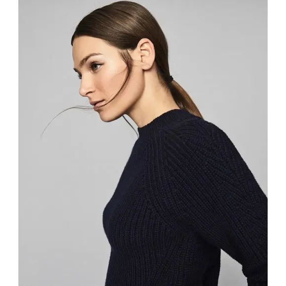 Reiss Aisling Chunky Knit Ribbed Jumper Sweater Wool Navy Sz Medium