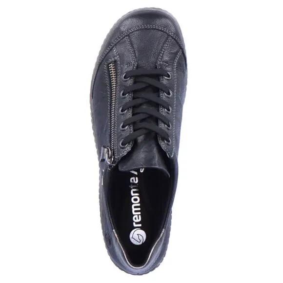 Remonte by Rieker Black Metallic Sheen Leather Zip Side Casual Lace Up Sneakers