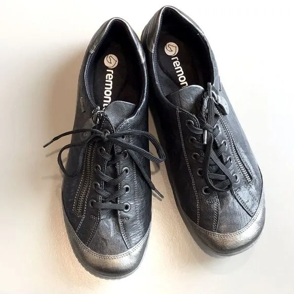 Remonte by Rieker Black Metallic Sheen Leather Zip Side Casual Lace Up Sneakers