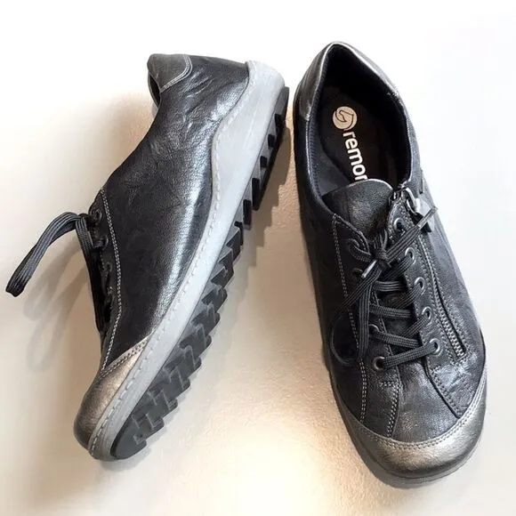 Remonte by Rieker Black Metallic Sheen Leather Zip Side Casual Lace Up Sneakers