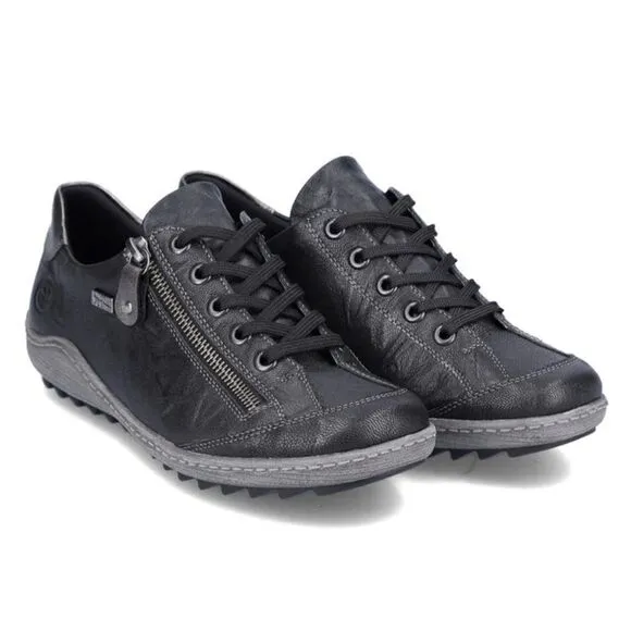 Remonte by Rieker Black Metallic Sheen Leather Zip Side Casual Lace Up Sneakers