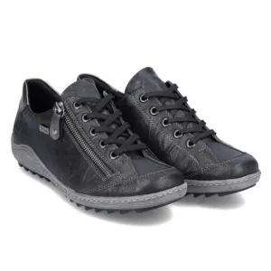 Remonte by Rieker Black Metallic Sheen Leather Zip Side Casual Lace Up Sneakers