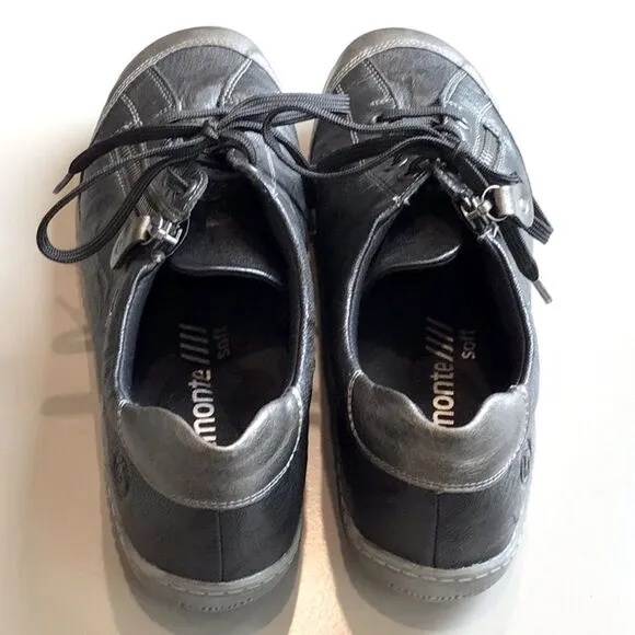 Remonte by Rieker Black Metallic Sheen Leather Zip Side Casual Lace Up Sneakers