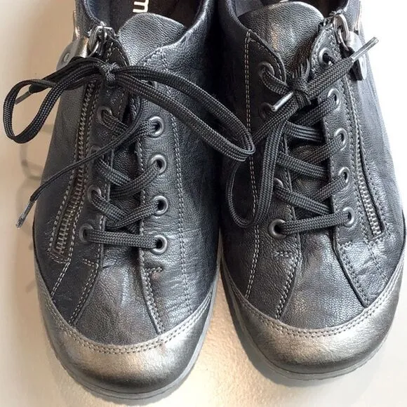 Remonte by Rieker Black Metallic Sheen Leather Zip Side Casual Lace Up Sneakers