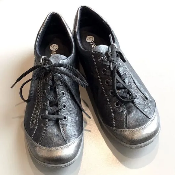 Remonte by Rieker Black Metallic Sheen Leather Zip Side Casual Lace Up Sneakers