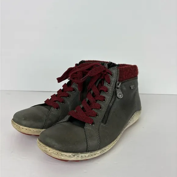 Remonte Men’s Side Zip Leather Wool Lace Up Sneakers in Gray/Red